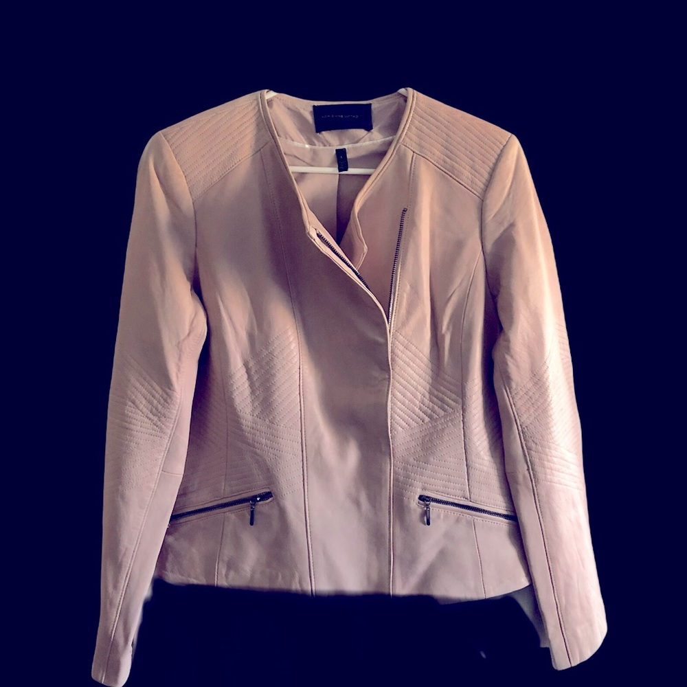 Adrienne Vittadini sweet pink leather Moto jacket-stitched detailing/side zipper